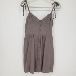 Aerie Corset Mini Dress L Linen Sundress Button Front Tie Shoulder Taupe Casual